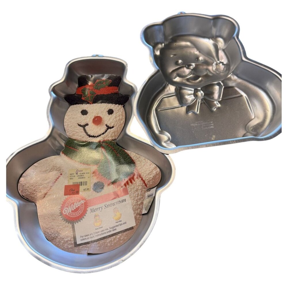 Pair of Wilton Merry Snowman Cake Pan and Holiday Bear with banner Aluminum